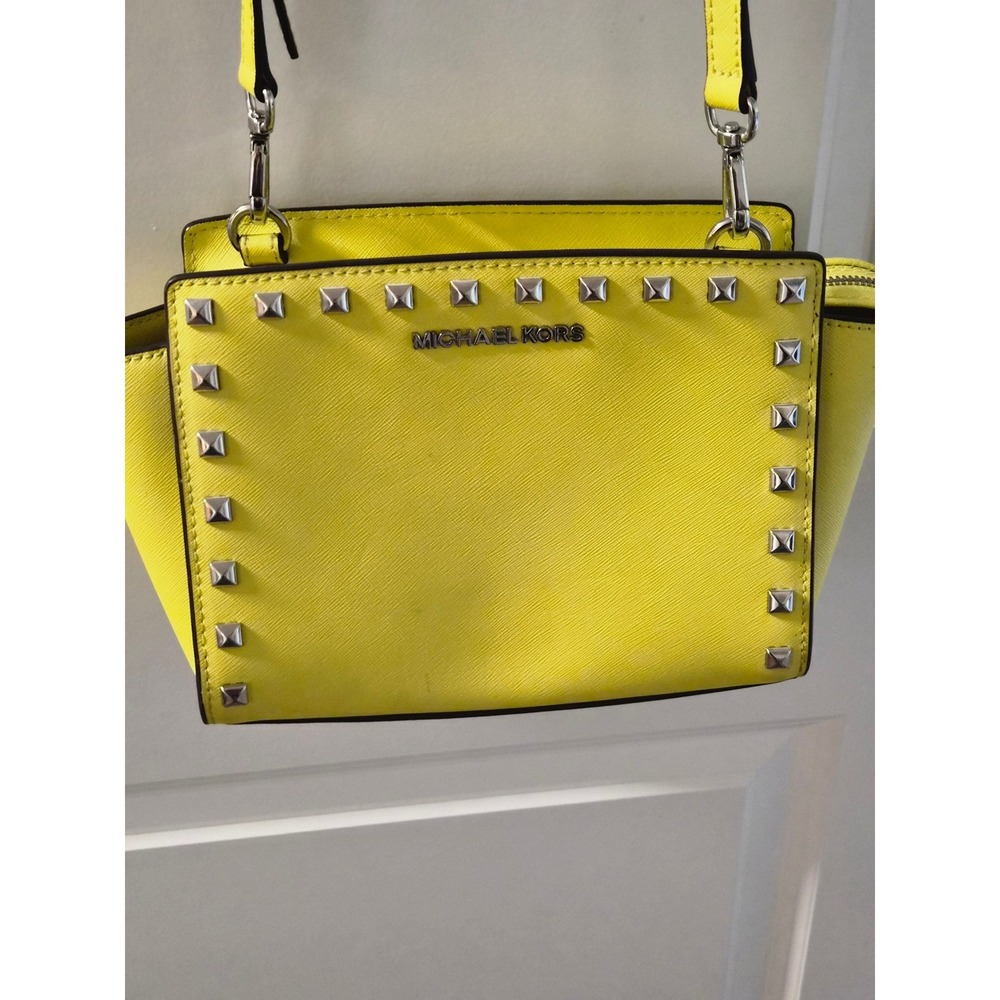 Michael Kors Selma Studded Saffiano Leather Crossbody Bag Neon Yellow Silver